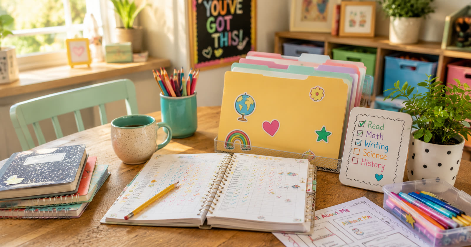 A sunlit homeschool table with a spiral attendance planner, labeled subject file folders, a Read-Math-Writing-Science-History checklist, coffee mug and colored pencils