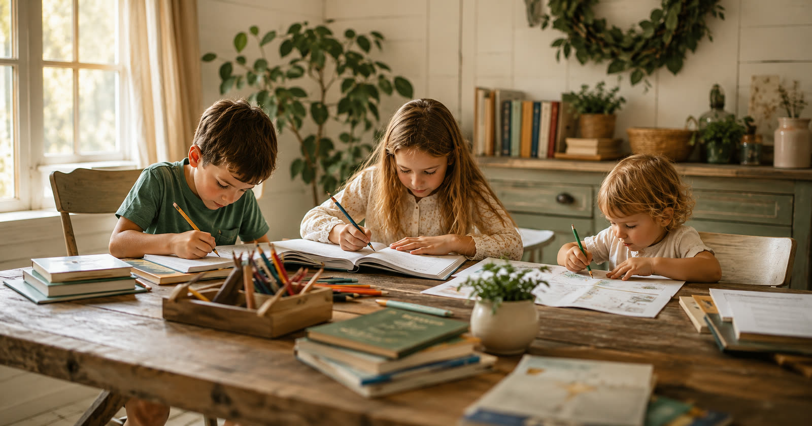 Three homeschooled children of different ages working at the same table during a daily homeschool routine