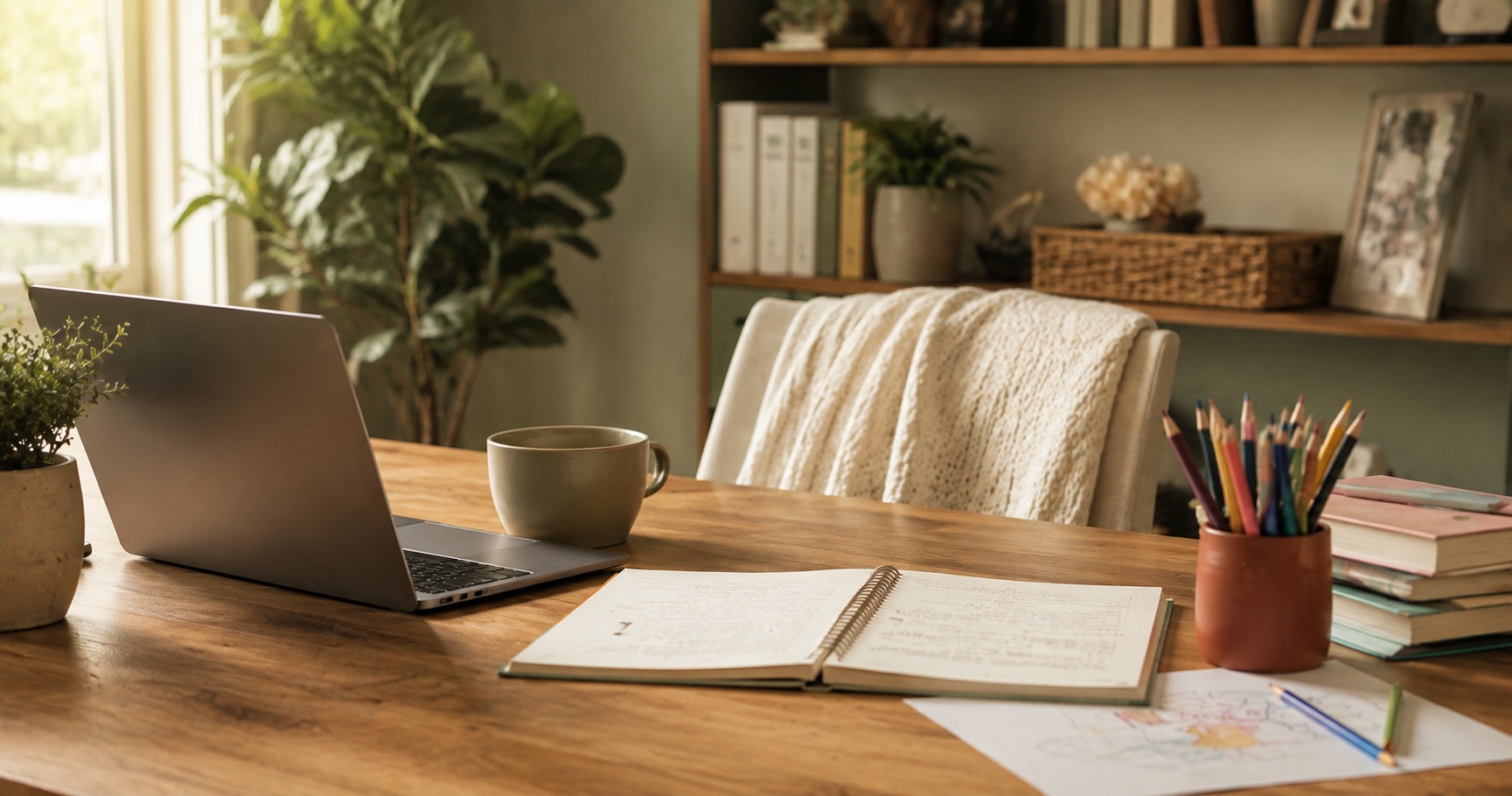 A warm home office desk with an open laptop, a coffee mug, a spiral notebook of handwritten lessons, a jar of colored pencils and a stack of workbooks — homeschooling and working full time from the same table