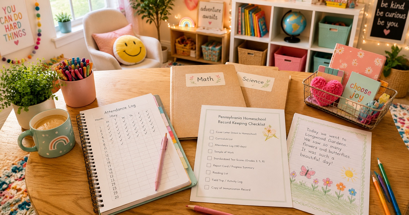 A homeschool kitchen table with an open attendance log, a Pennsylvania homeschool record-keeping checklist, labeled Math and Science folders, a nature-journal entry, coffee mug and colored pens